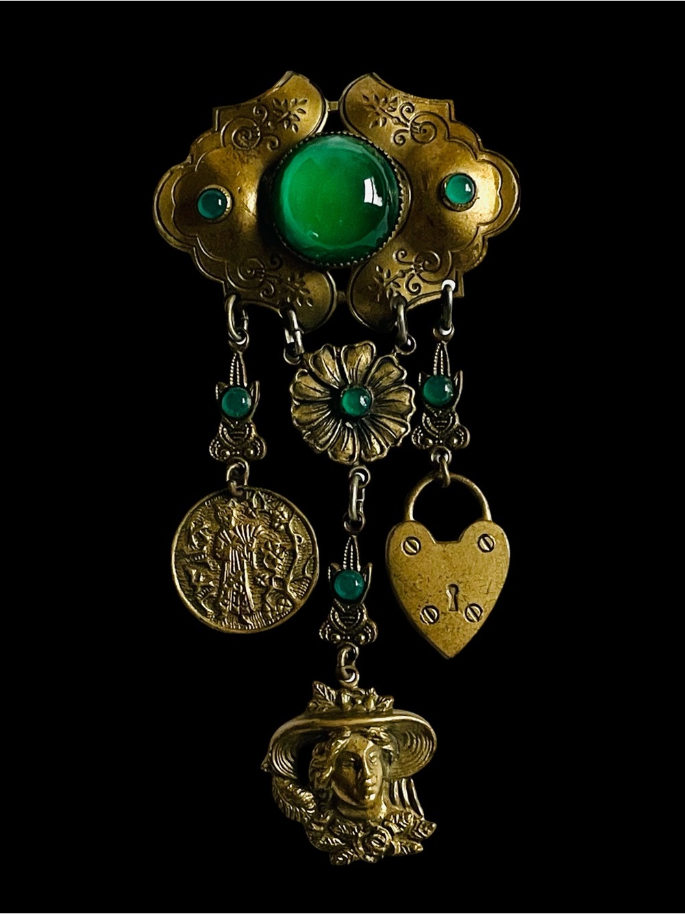 Mid-Century Art Nouveau Revival Brass And Glass Charm Brooch